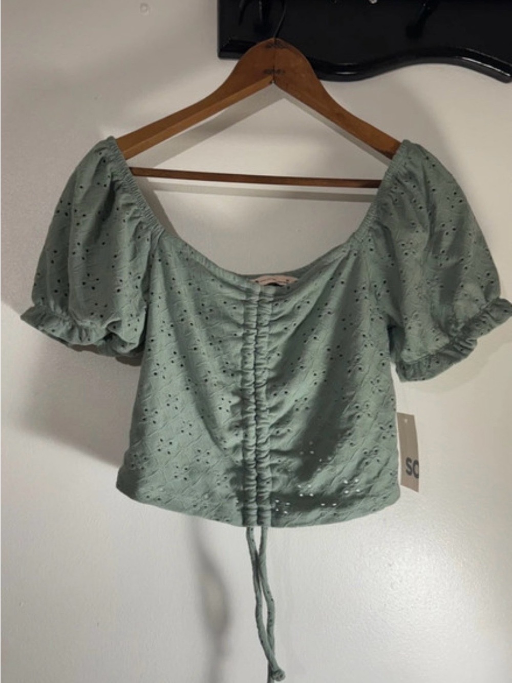 SO Sage Green Eyelet Drawstring Crop Top